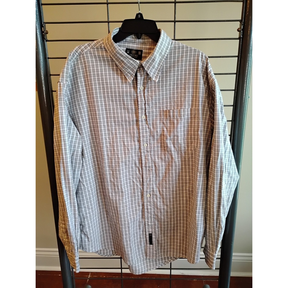 J. Riggins Mens XL Plaid Button Down Shirt Long Sleeve Cotton White Black Tan